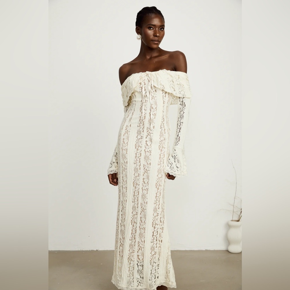 Miss Rosier Émeline floral lace flared-cuff maxi dress in Neutrals